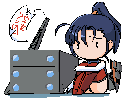 1girl, ahoge, black_hair, building, catapult, chibi, disappointed, elbow_gloves, gloves, gun, long_hair, lowres, military, nanashi_(7th_exp), no_nose, ooyodo_(light_cruiser), original, personification, ponytail, school_swimsuit, sign, simple_background, sitting, sketch, solo, swimsuit, thigh-highs, weapon, world_war_ii