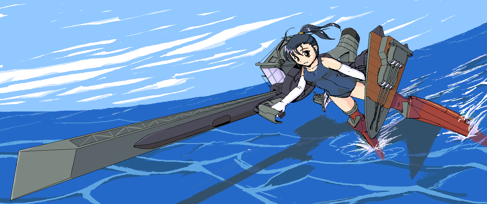 1girl, bare_shoulders, black_hair, brown_eyes, catapult, clouds, cruiser, elbow_gloves, gloves, gun, highres, long_hair, mecha_musume, military, nanashi_(7th_exp), ocean, ooyodo_(light_cruiser), original, partially_submerged, personification, perspective, ponytail, school_swimsuit, shadow, ship, smile, smokestack, solo, swimsuit, thigh-highs, turret, warship, water, weapon, world_war_ii