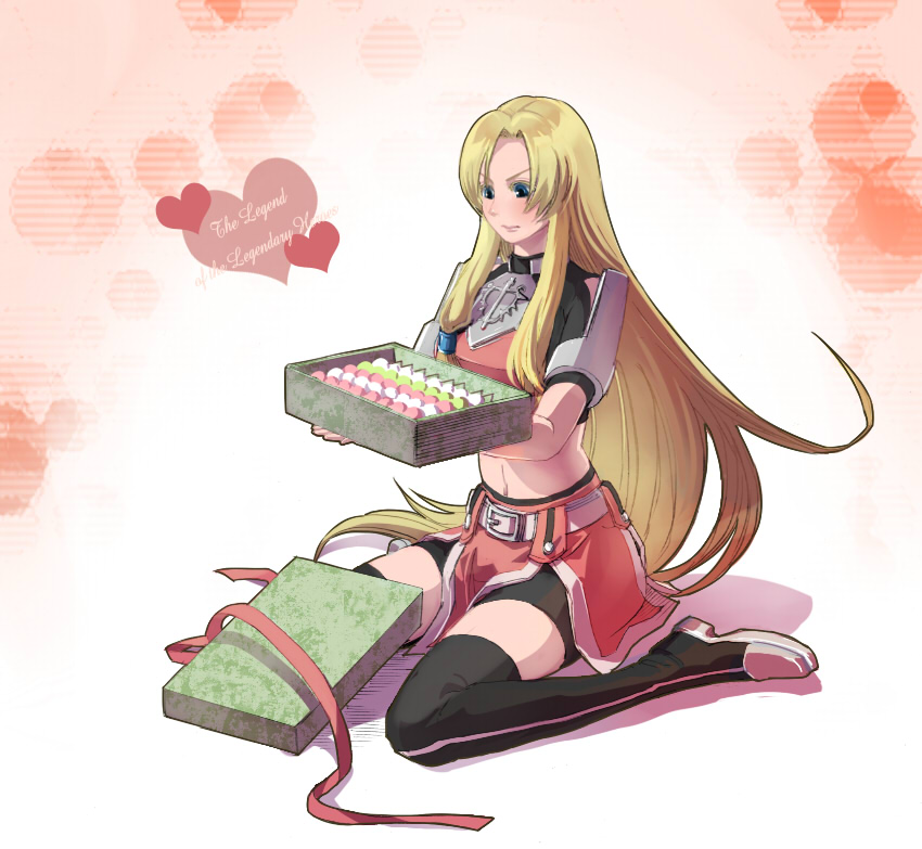 1girl, armor, blonde_hair, blue_eyes, box, copyright_name, dango, densetsu_no_yuusha_no_densetsu