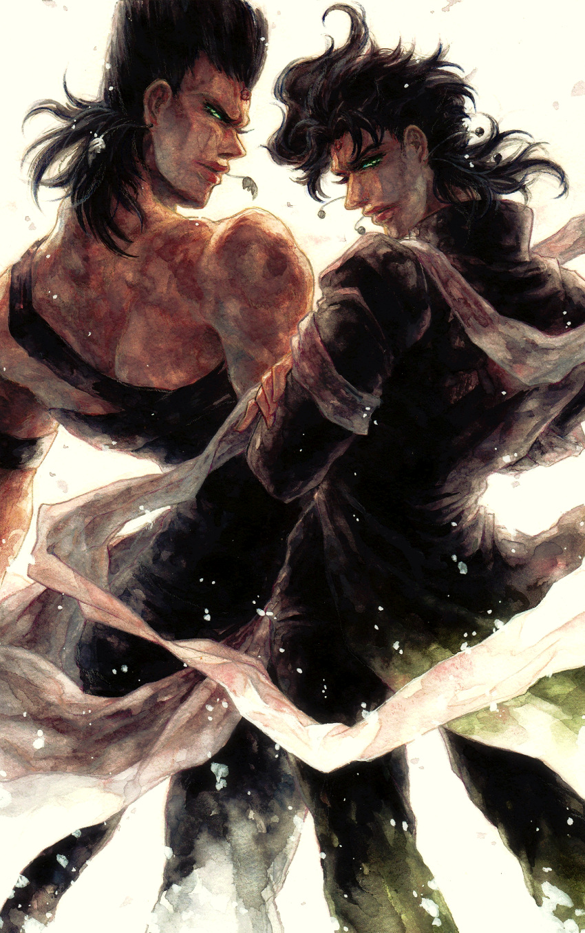2boys, backlighting, black_hair, earrings, from_behind, green_eyes, highres, jean_pierre_polnareff