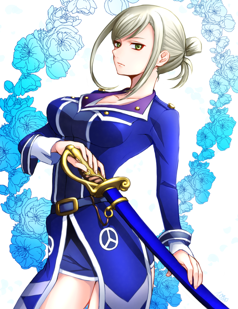 1girl, awashima_seri, blonde_hair, cowboy_shot, floral_print, hair_up, k_(anime), nemuri_miyako, scabbard, sheath, short_hair_with_long_locks, solo, sword, thighs, uniform, weapon, yellow_eyes