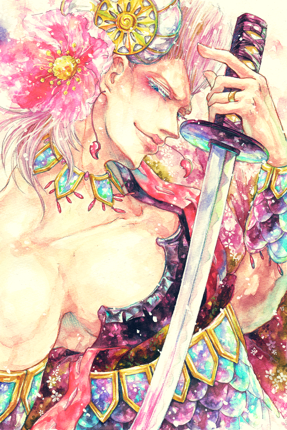 1boy, blue_eyes, earrings, floral_print, flower, hair_flower, hair_ornament, highres