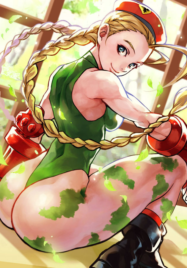 1girl, ahoge, antenna_hair, ass, beret, blonde_hair, boots, braid