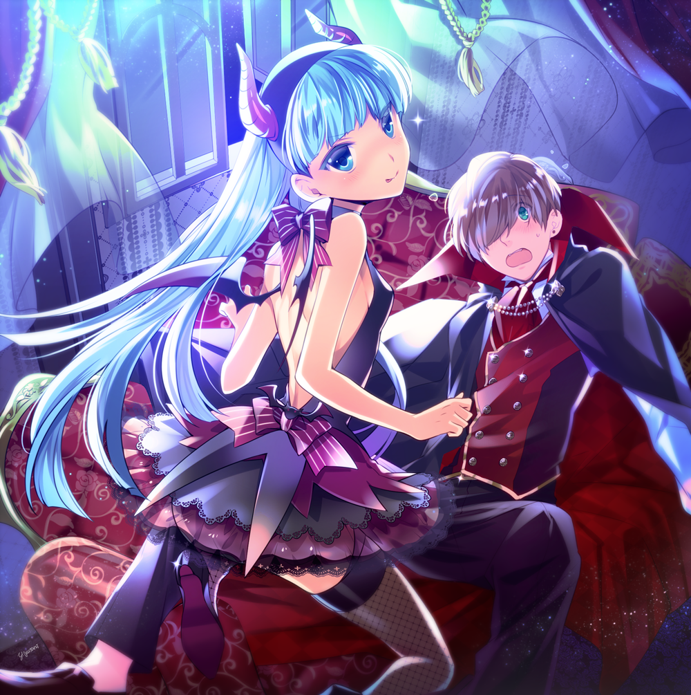 1boy, 1girl, ascot_(rayearth), bat_wings, blue_eyes, blue_hair, bow, brown_hair