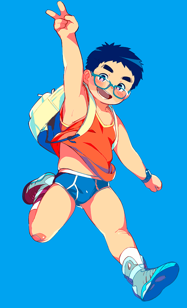 1boy, :d, arm_up, backpack, bag, bandaid, bandaid_on_knee, blue_background