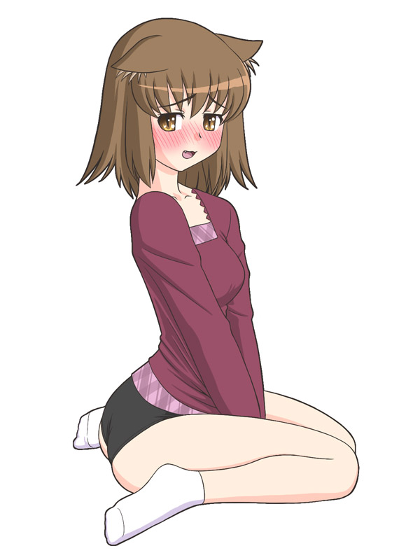 blush, buruma, cat_ears, kneeling, mem, sasaki, simple_background, socks, suzumiya_haruhi_no_yuuutsu