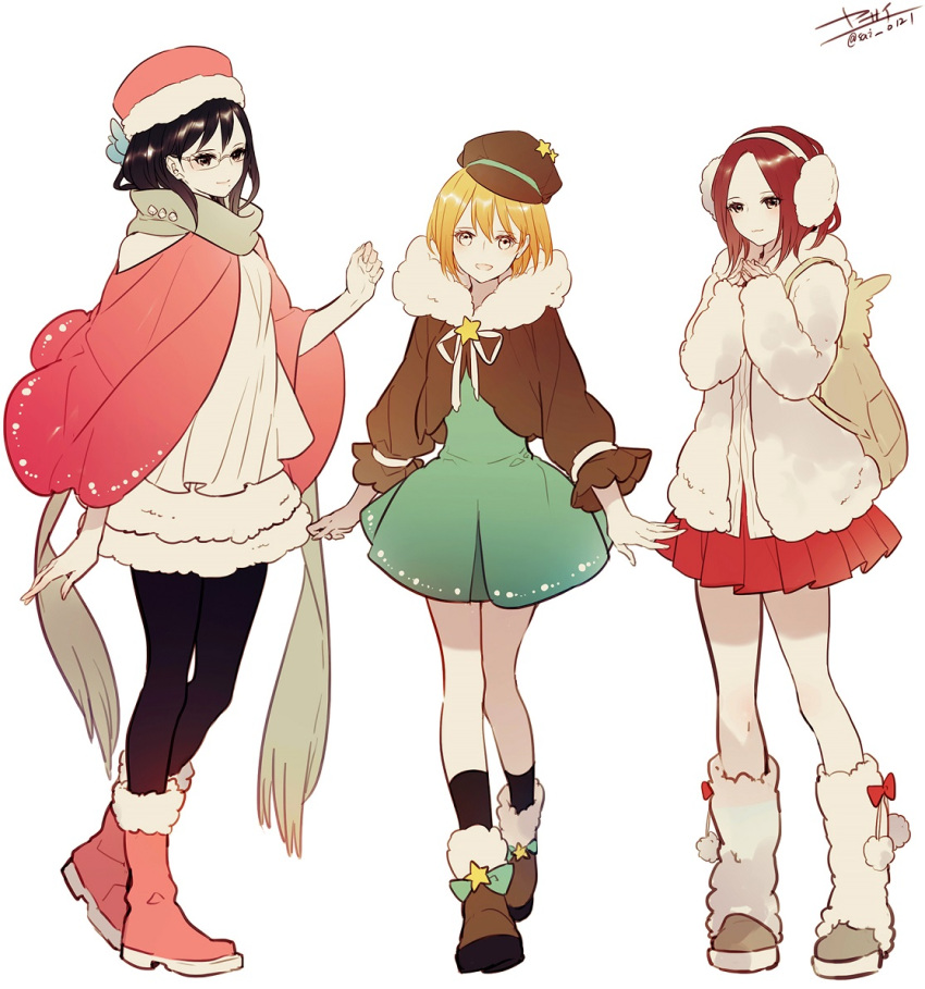 3girls, :d, aqua_dress, backpack, bag, bangs, black_hair, black_legwear