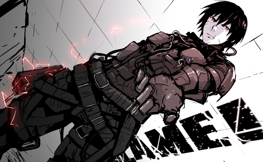 1boy, belt, black_hair, blame!, bodysuit, cable, check_commentary, commentary_request
