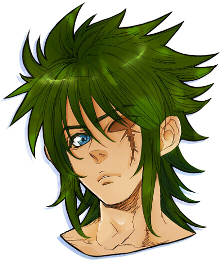 1boy, blue_eyes, green_hair, kraken_isaac, long_hair, noe_(bkmnoo), one-eyed, portrait