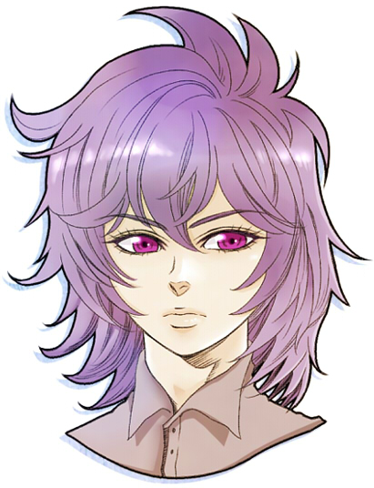 1boy, long_hair, noe_(bkmnoo), pink_eyes, portrait, purple_hair, saint_seiya, simple_background, solo, sorrento, white_background