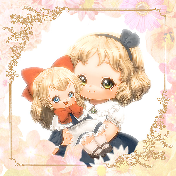 2girls, alice_margatroid, art_nouveau, blonde_hair, bow, dress, green_eyes, hairband, holding, multiple_girls, shanghai_doll, short_hair, smile, souri, touhou, younger