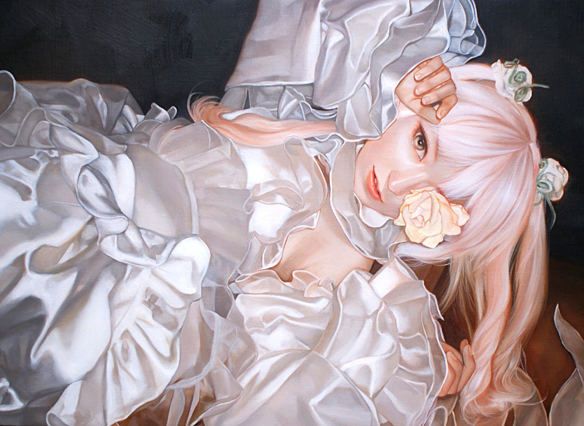 1girl, arms_up, brown_eyes, commentary_request, dress, eyepatch, fingernails, flower