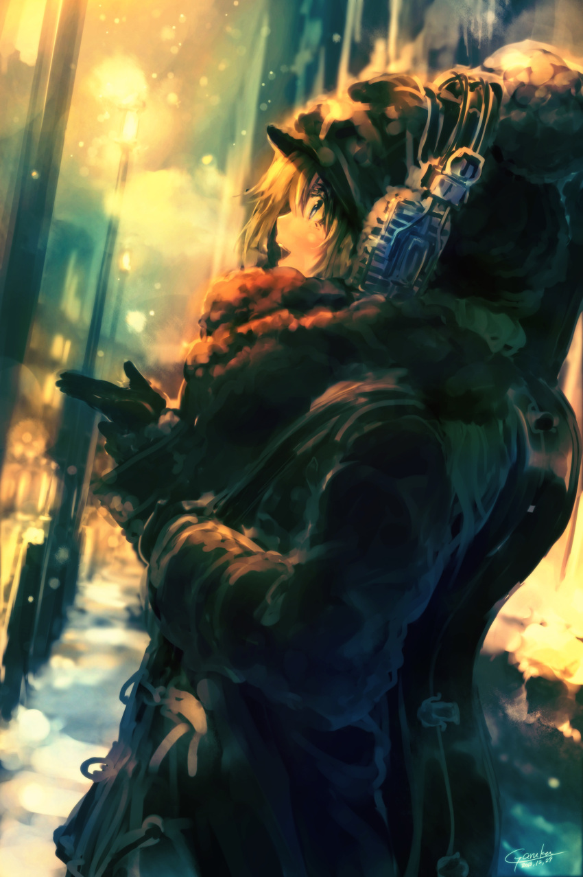 1girl, absurdres, blonde_hair, blue_eyes, coat, garuku, gloves, hat