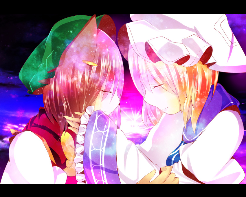 2girls, animal_ears, blonde_hair, brown_hair, cat_ears, chen, closed_eyes, commentary_request