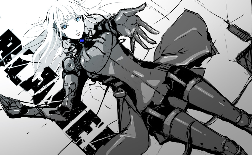 1girl, ass_visible_through_thighs, bangs, blame!, blue_eyes, blunt_bangs, bodysuit, cable, check_commentary, cibo, commentary_request, copyright_name, cyberpunk, cyborg, highres, long_hair, lying, on_back, pale_skin, robot_joints, science_fiction, solo, tsukasa_(evening-g-low), white_hair