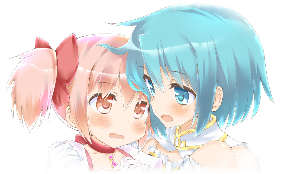 2girls, blue_eyes, blue_hair, blush, choker, gloves, kaname_madoka, looking_at_another
