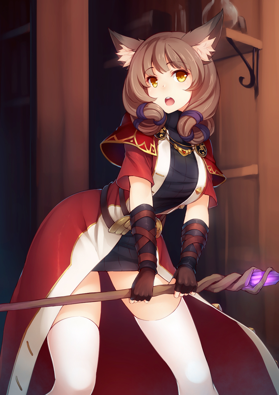 1girl, animal_ears, blush, breasts, brown_gloves, brown_hair, capelet, commentary