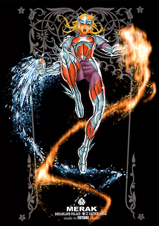 1boy, armor, armored_boots, black_background, blonde_hair, blue_eyes, fire, future_studio_(artist), gauntlets, gloves, ice, merak_beta_hagen, open_mouth, saint_seiya, simple_background, solo