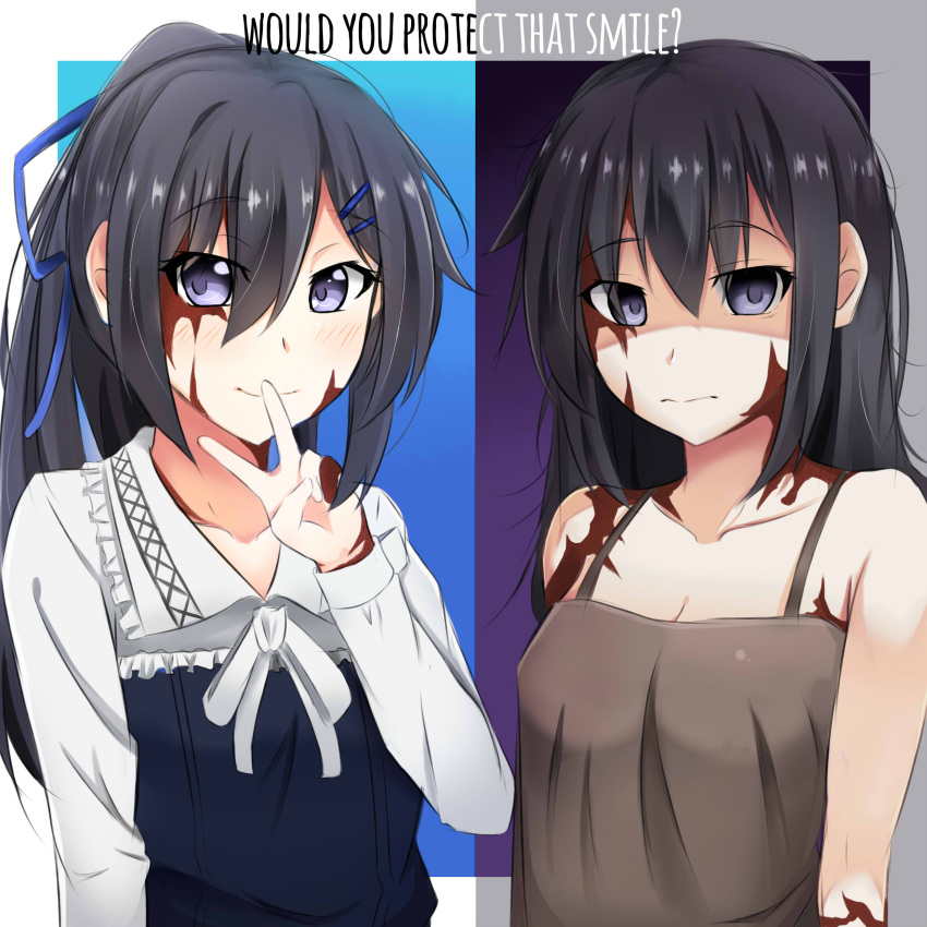 1girl, absurdres, atari_(ariq323), before_and_after, black_eyes, black_hair, bow, burn_scar