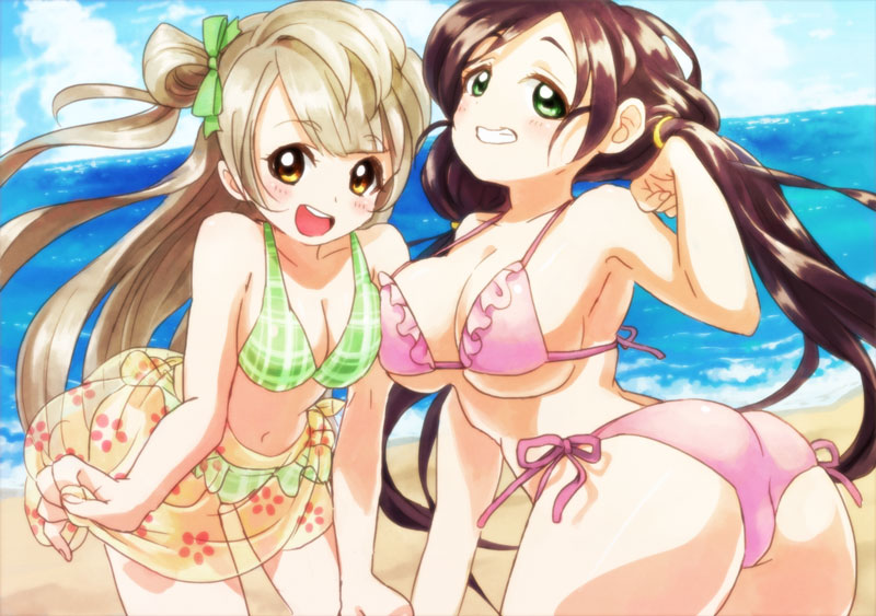 :d, arched_back, beach, bent_over, bikini, blue_sky, blush, bow
