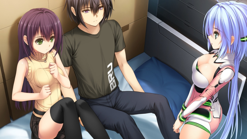 1boy, 2girls, black_hair, black_legwear, black_skirt, blue_hair, breasts, cinema_(nostalgica)