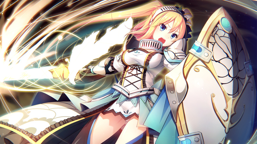 1girl, aigis_von_orphovius, armor, black_legwear, blonde_hair, blue_eyes, game_cg, hair_ornament, holding_weapon, long_hair, magic, open_mouth, panties, shield, solo, sword, tou_no_shita_no_exercitus, underwear, weapon, white_panties