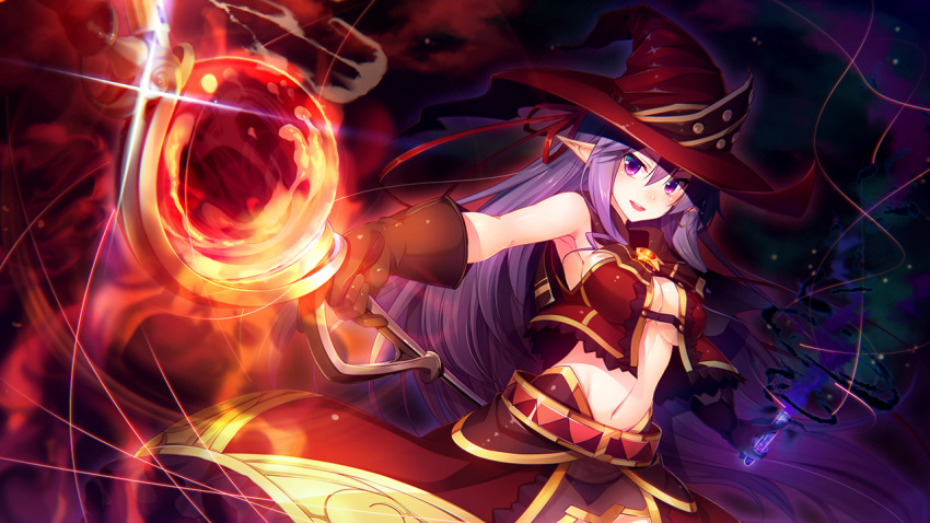 1girl, belt, breasts, game_cg, hat, holding_weapon, long_hair, magic