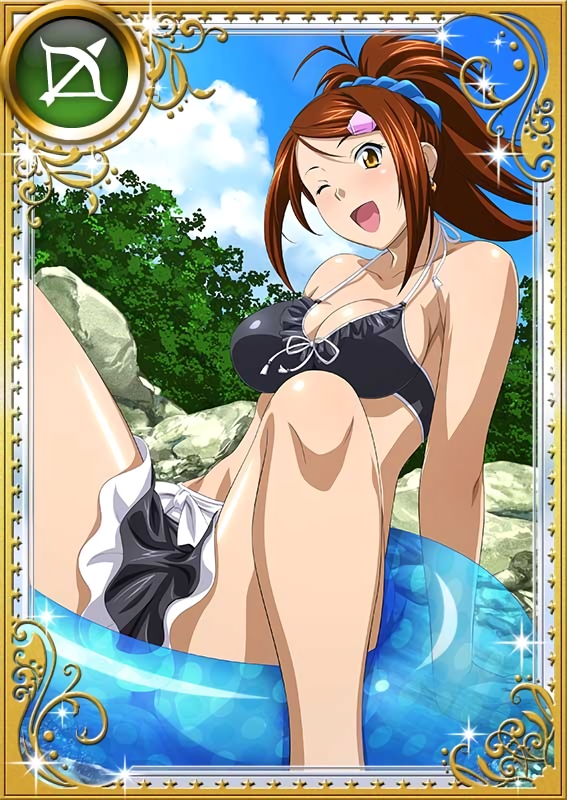 1girl, bachou_mouki, bikini, black_bikini, breasts, brown_hair, card_(medium), hair_ornament