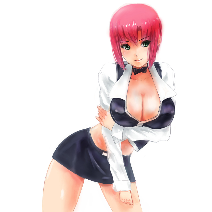 1girl, bangs, black_skirt, blunt_bangs, blush, bowtie, breasts, cleavage