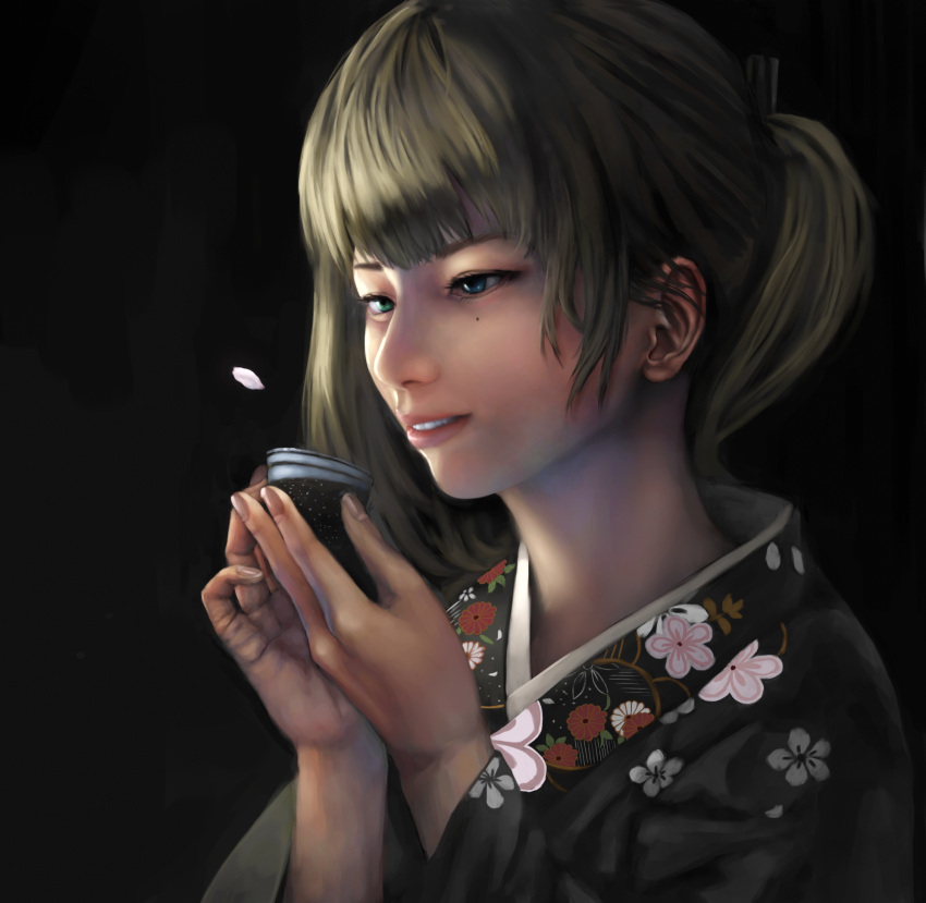 1girl, blue_eyes, brown_hair, drinking, green_eyes, hajime_(elan787), heterochromia, highres