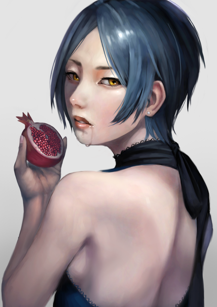 1girl, bare_back, bare_shoulders, blue_hair, earrings, eating, food, fruit