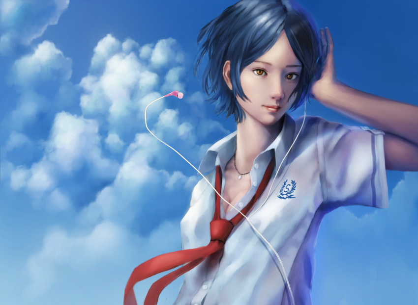 1girl, blue_hair, clouds, earrings, hajime_(elan787), hayami_kanade, idolmaster, idolmaster_cinderella_girls