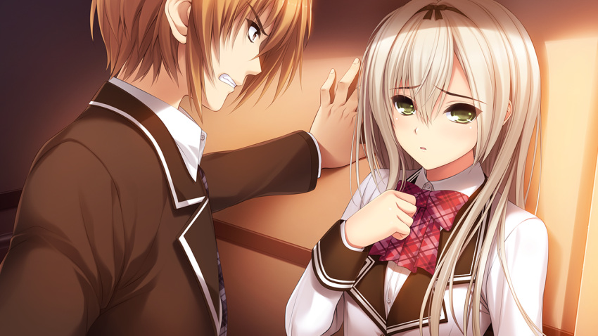 1boy, 1girl, akibe_eru, black_ribbon, brown_hair, green_eyes, hair_ribbon, indoors
