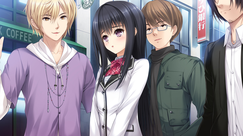 1girl, 3boys, beard, black_hair, blonde_hair, brown_hair, character_request, facial_hair