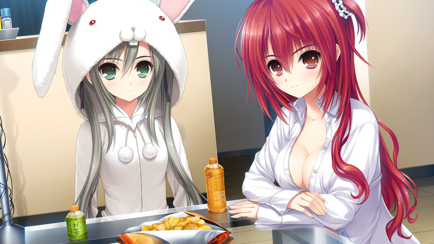 2girls, animal_hood, breasts, brown_eyes, bunny_hood, cleavage, game_cg, green_eyes