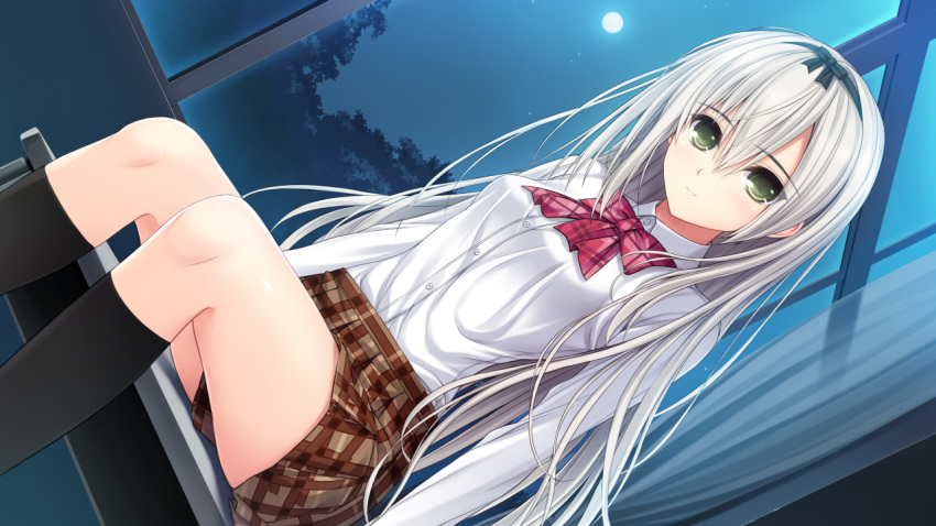 akibe_eru, black_legwear, black_ribbon, green_eyes, hair_ribbon, looking_at_viewer, moon, night