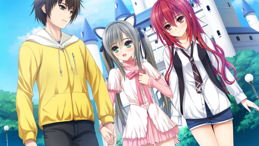 1boy, 2girls, animal_ears, black_ribbon, blue_shorts, brown_hair, hair_ribbon, holding_hands