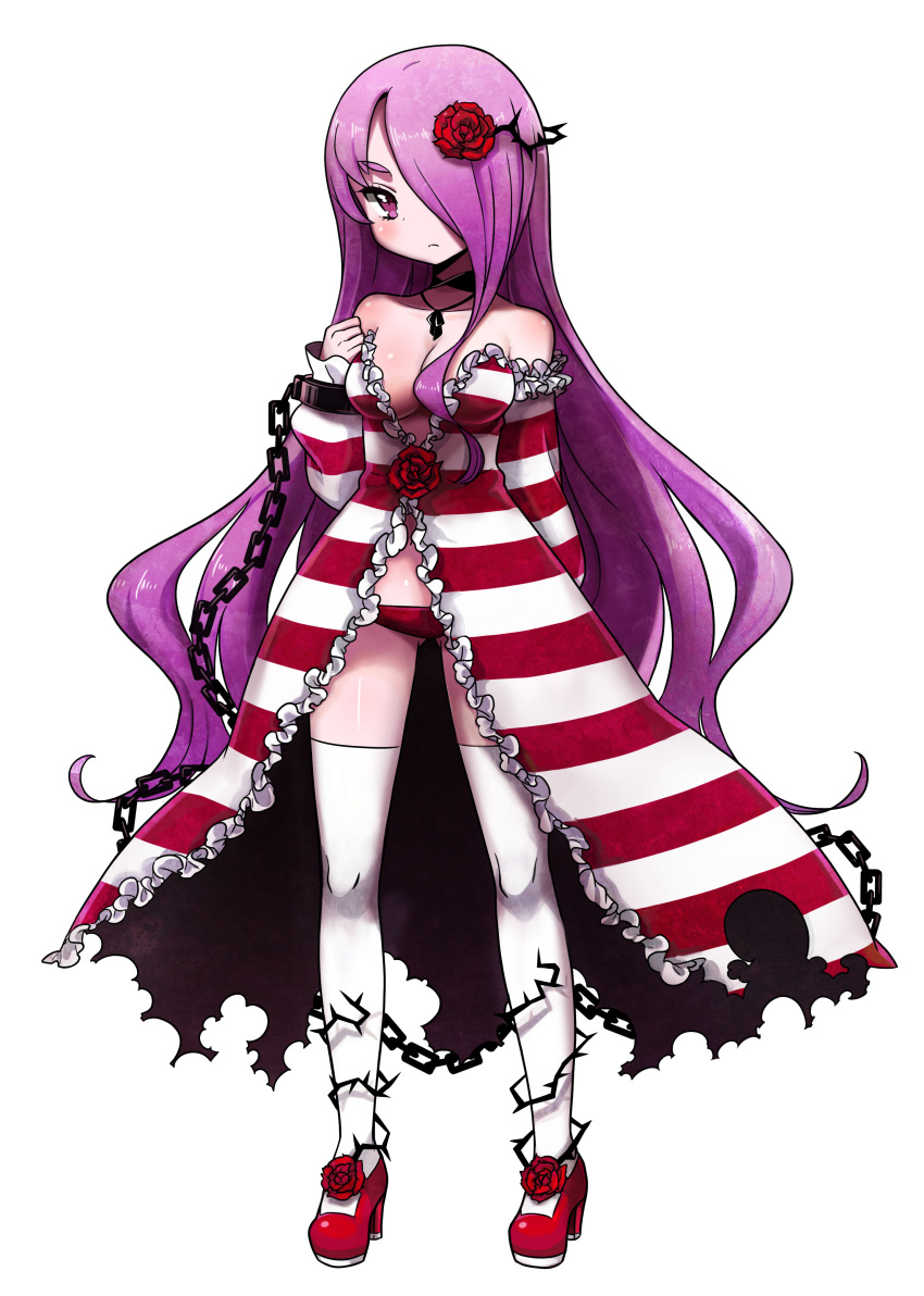1girl, absurdres, body_blush, chain, criminal_girls, cuffs, dress, flower