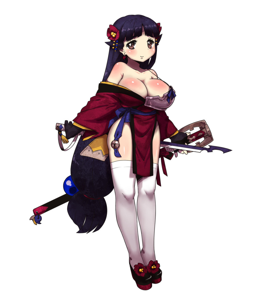 1girl, black_gloves, black_hair, breasts, cleavage, criminal_girls, dual_wielding, flower