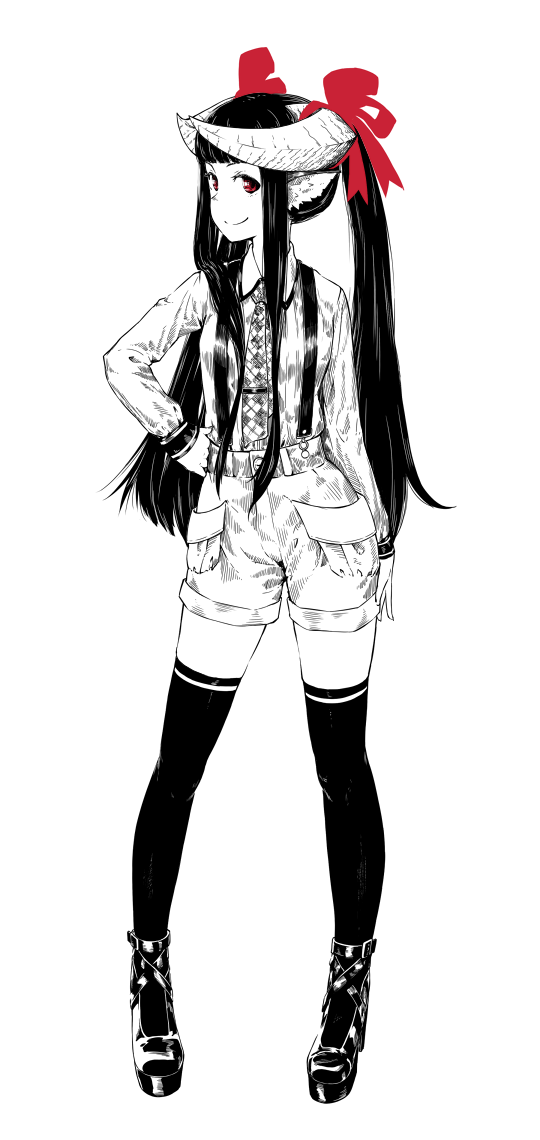 1girl, animal_ears, argyle, argyle_necktie, hand_on_hip, high_heels, horn_ribbon, horns