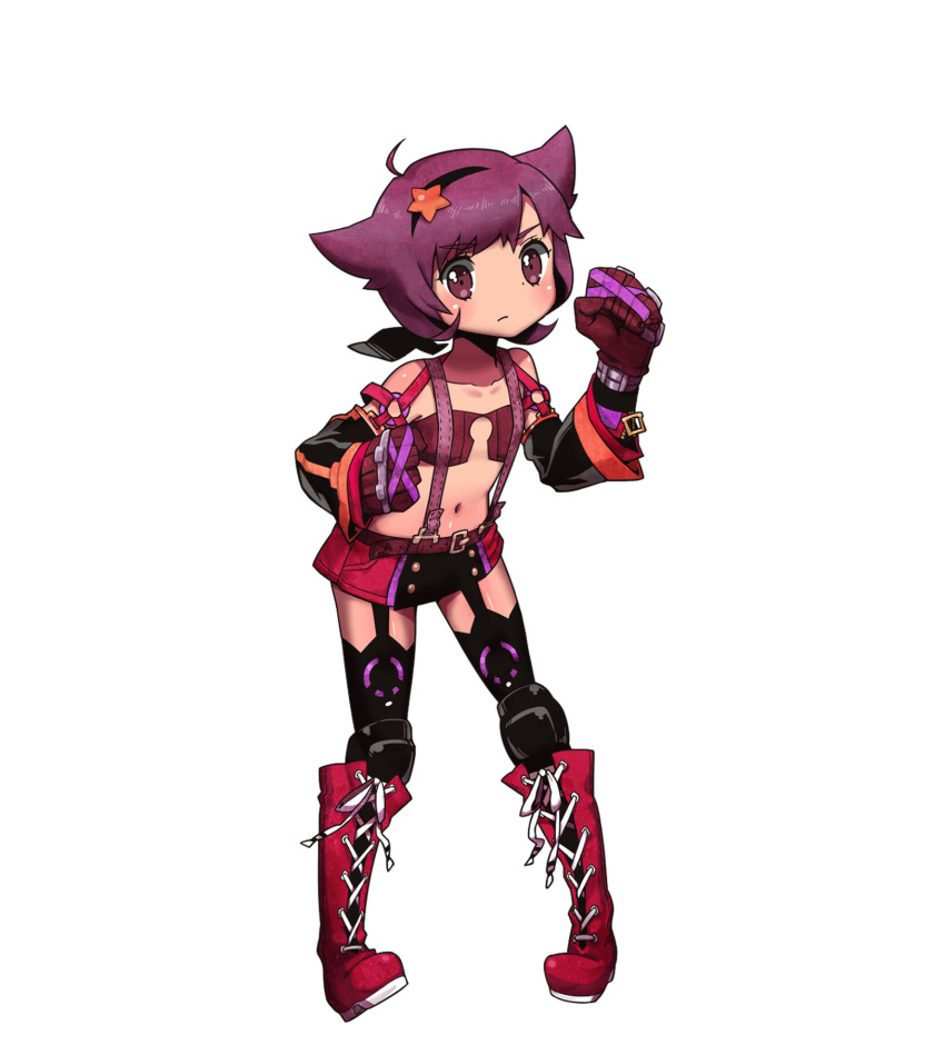 1girl, boots, brass_knuckles, clenched_hands, criminal_girls, cross-laced_footwear, detached_sleeves, garter_straps, gloves, hairband, highres, ichihaya, navel, official_art, pigeon-toed, redhead, sako_(criminal_girls), serious, short_hair, simple_background, solo, suspenders, thigh-highs, weapon, white_background