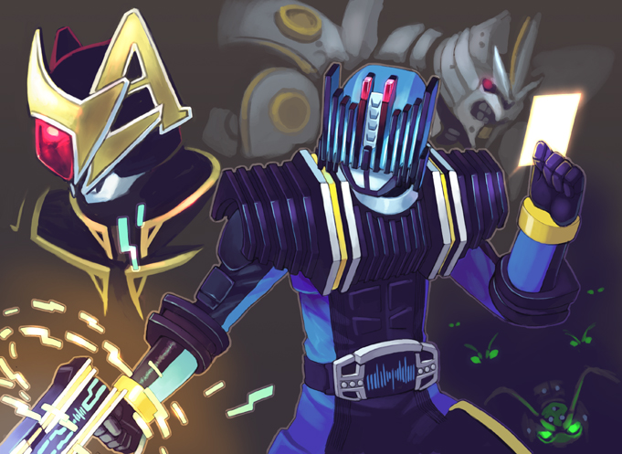 2boys, card, card_with_aura, gun, holding, holding_card, kamen_rider, kamen_rider_blade_(series)