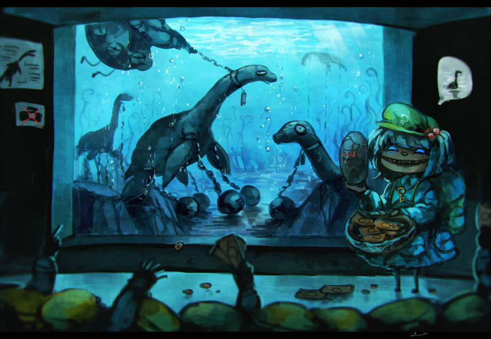 5girls, aquarium, auction, blue_hair, chain, chained, closed_eyes, commentary