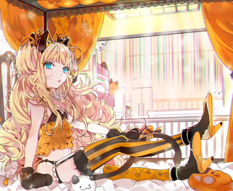 1girl, bed, black_panties, blonde_hair, blush, cat_ear_headphones, cat_paws, high_heels