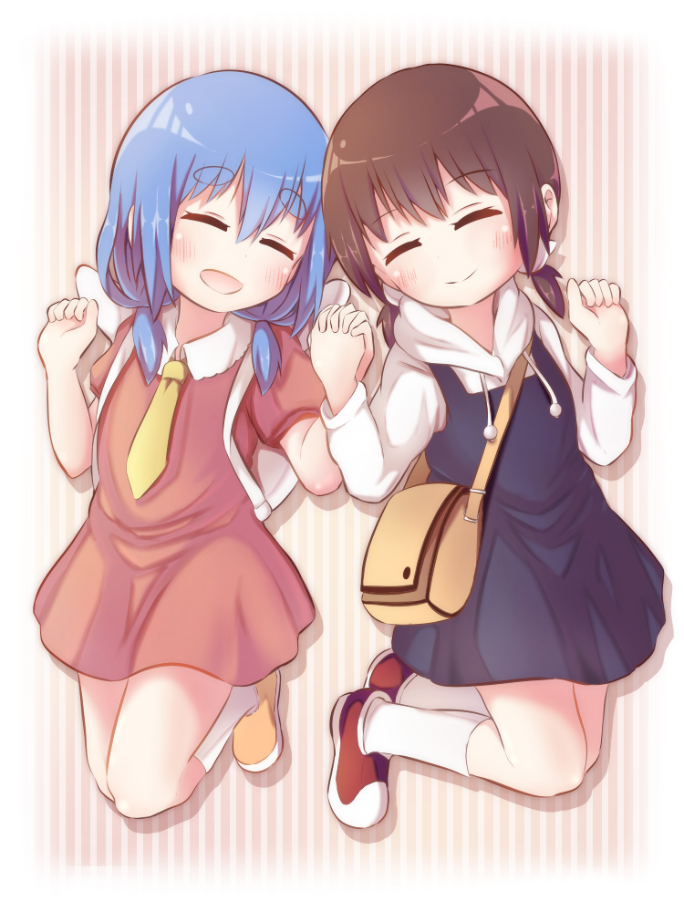 2girls, :d, ^_^, backpack, bag, black_hair, blue_hair, cat_hair_ornament