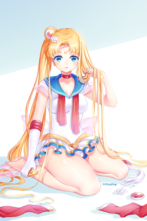 1girl, bishoujo_senshi_sailor_moon, blonde_hair, blue_eyes, choker, crescent, elbow_gloves, facial_mark