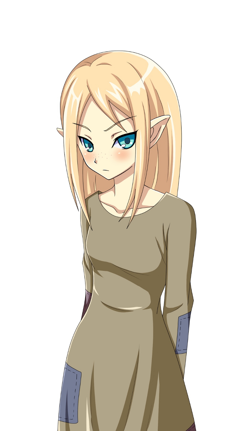 1girl, arms_behind_back, blonde_hair, blue_eyes, blush, dress, freckles, highres, long_hair, mila_(wind_waker), muedo, pointy_ears, simple_background, solo, the_legend_of_zelda, the_legend_of_zelda:_the_wind_waker, white_background