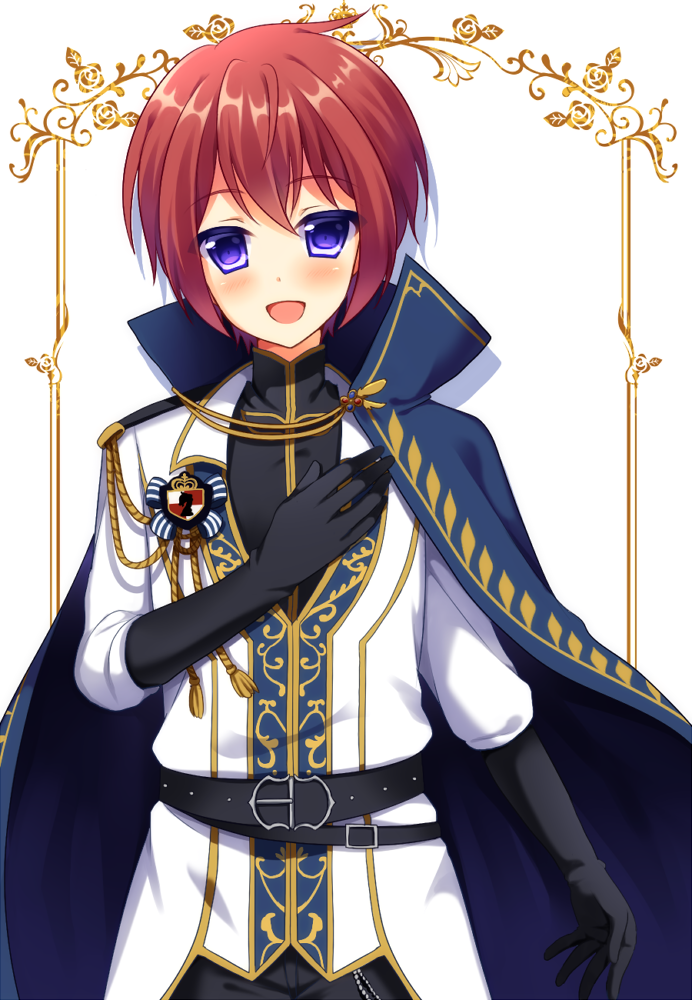 1boy, black_gloves, blush, cape, elbow_gloves, ensemble_stars!, gloves, neon_ui