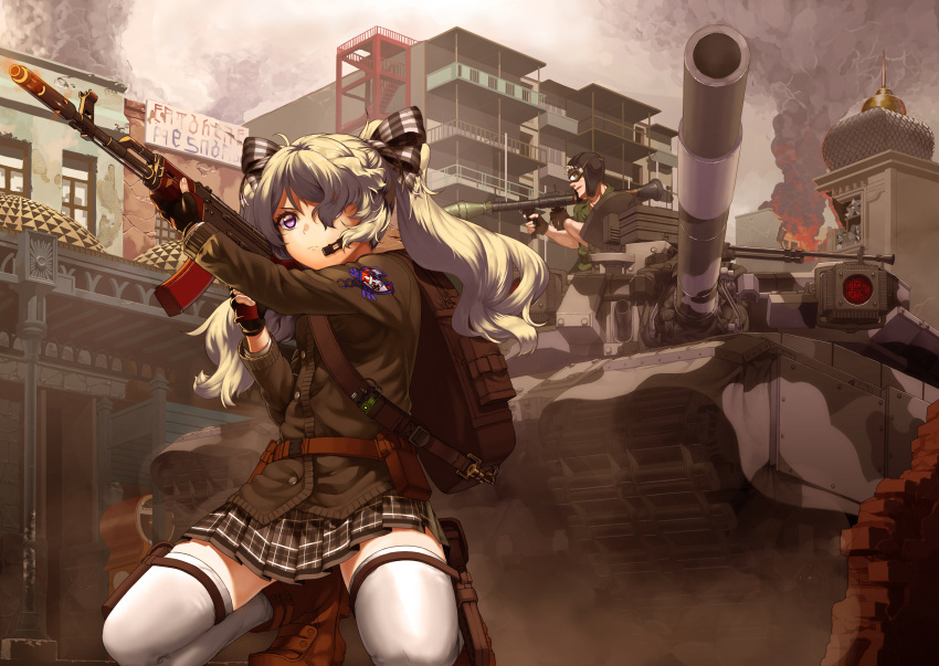 1boy, 1girl, absurdres, ak-74, assault_rifle, gun, harumaki_haruki, highres