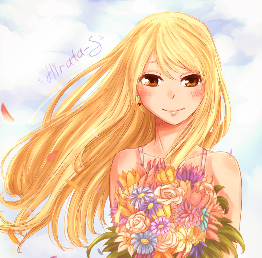 blonde_hair, blush, dress, fairy_tail, flower, long_hair, lucy_heartfilia, red_eys